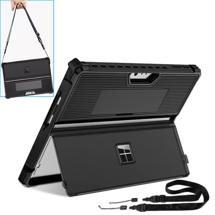 For Microsoft Surface Pro 9 Striped Hollow Tablet Case with Holder Cover and Shoulder Strap