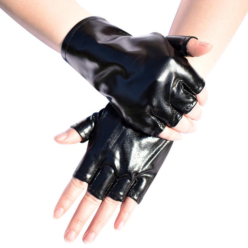 Women s Punk Style Fingerless Patent Leather Gloves for Stage & Cosplay чёрный