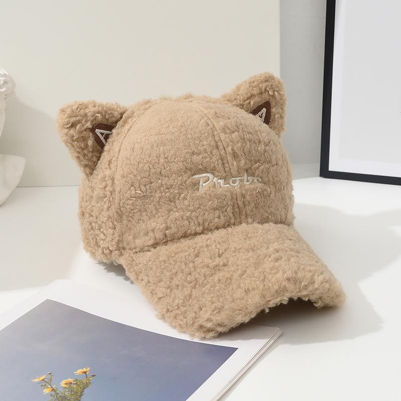Autumn and Winter Lamb Fur Baseball Cap Warm and Deep Adjustable Head Circumference Plush Baseball Hat Cute Cartoon Cat Ears