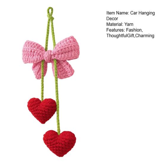 Rearview Mirror Charm Crochet Heart Car Hanging Decor, Knitted Bowknot Love for SUV Pendant Mirror, Cute Accessory Bag Purse, Valentine's Day Gift Her
