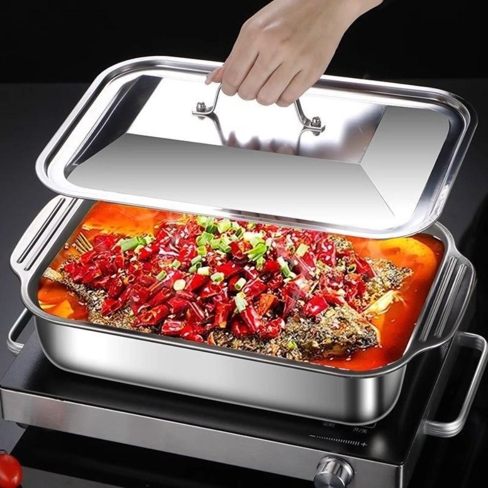 with Lid Grilled Fish Platter Non Stick Outdoor BBQ Grill Pan Durable Food Serving Pan Oven Safe