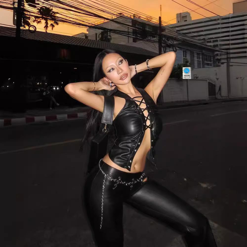 Dámská vesta bez rukávů v novém stylu, jednobarevná, s kukuřičkovým prošíváním, z PU kůže, dámský top