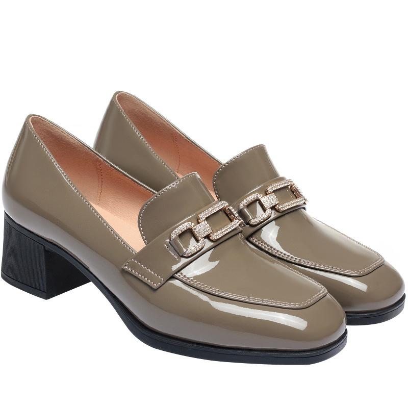 Chunky Heeled Women's Spring Shoes, Middle-aged Women's Patent Leather Loafers, Soft-soled Mid-heeled Deep-cut Leather Shoes