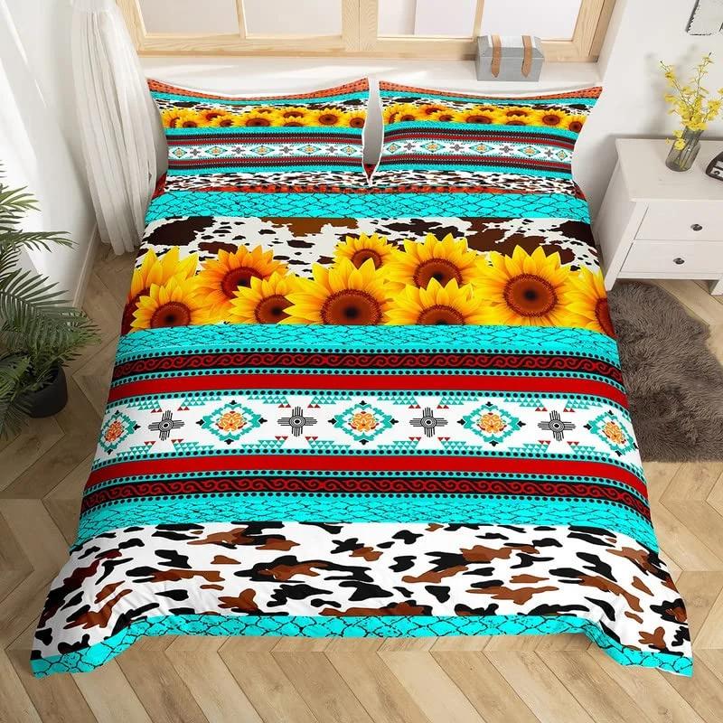 Cowhide Sunflower Duvet Cover Western Farm Animal Skin Bedding Set Microfiber Cow Fur Comforter Cover Twin For Boys Girls Room