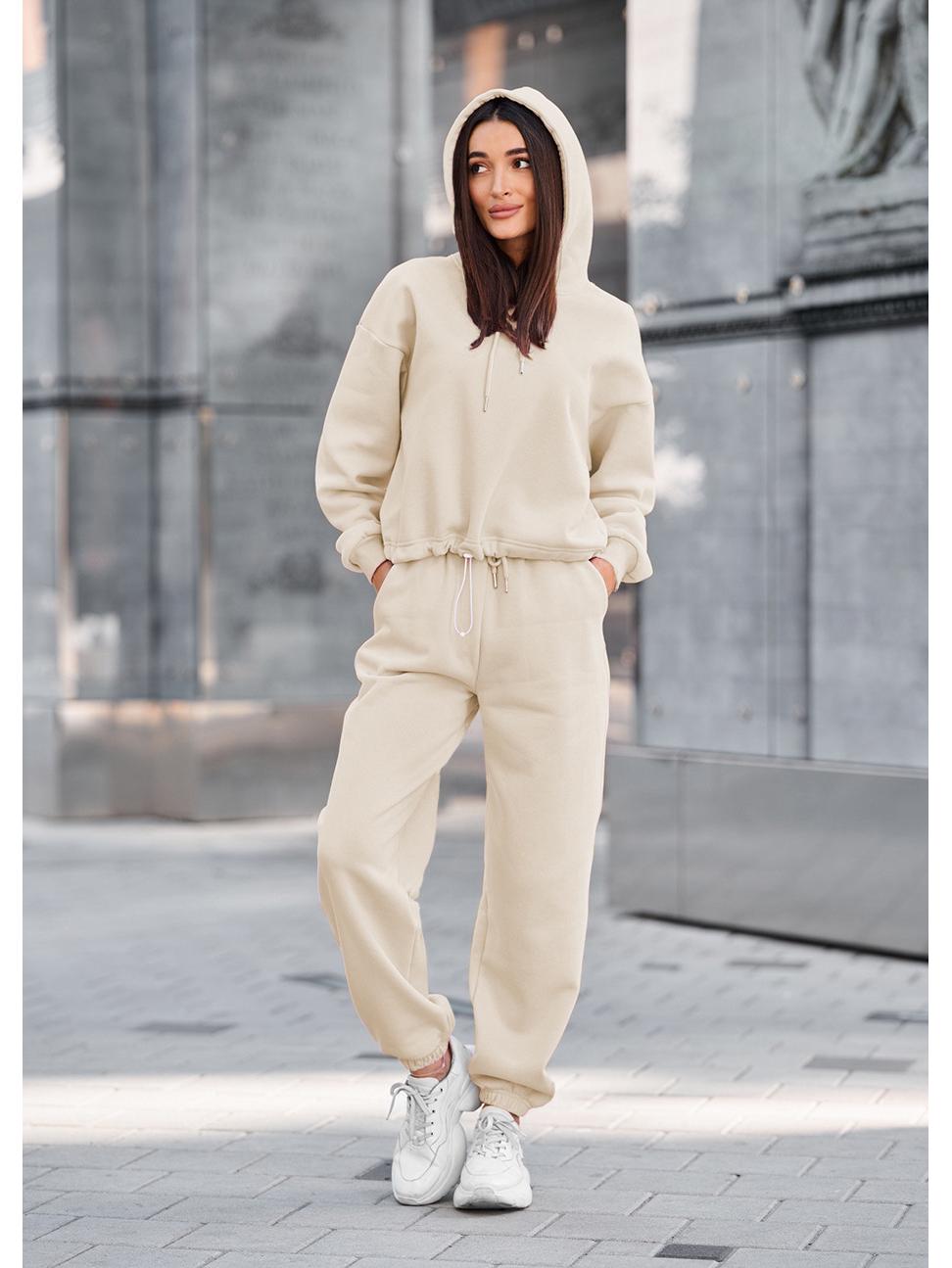 

Женский спортивный костюм с капюшоном 2025: Осенне-зимняя мода, однотонный, повседневный свитшот на кулиске L бежевый