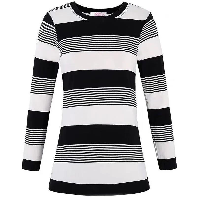 Mom Spring and Autumn Long Sleeve T-Shirt Loose Striped Top Short Casual Bottoming Shirt