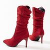 New Women Pointed Toe Thin High Heels Ankle Boots  Autumn Pleated Cowboy Women Faux Suede Woman Slip On Western Boots