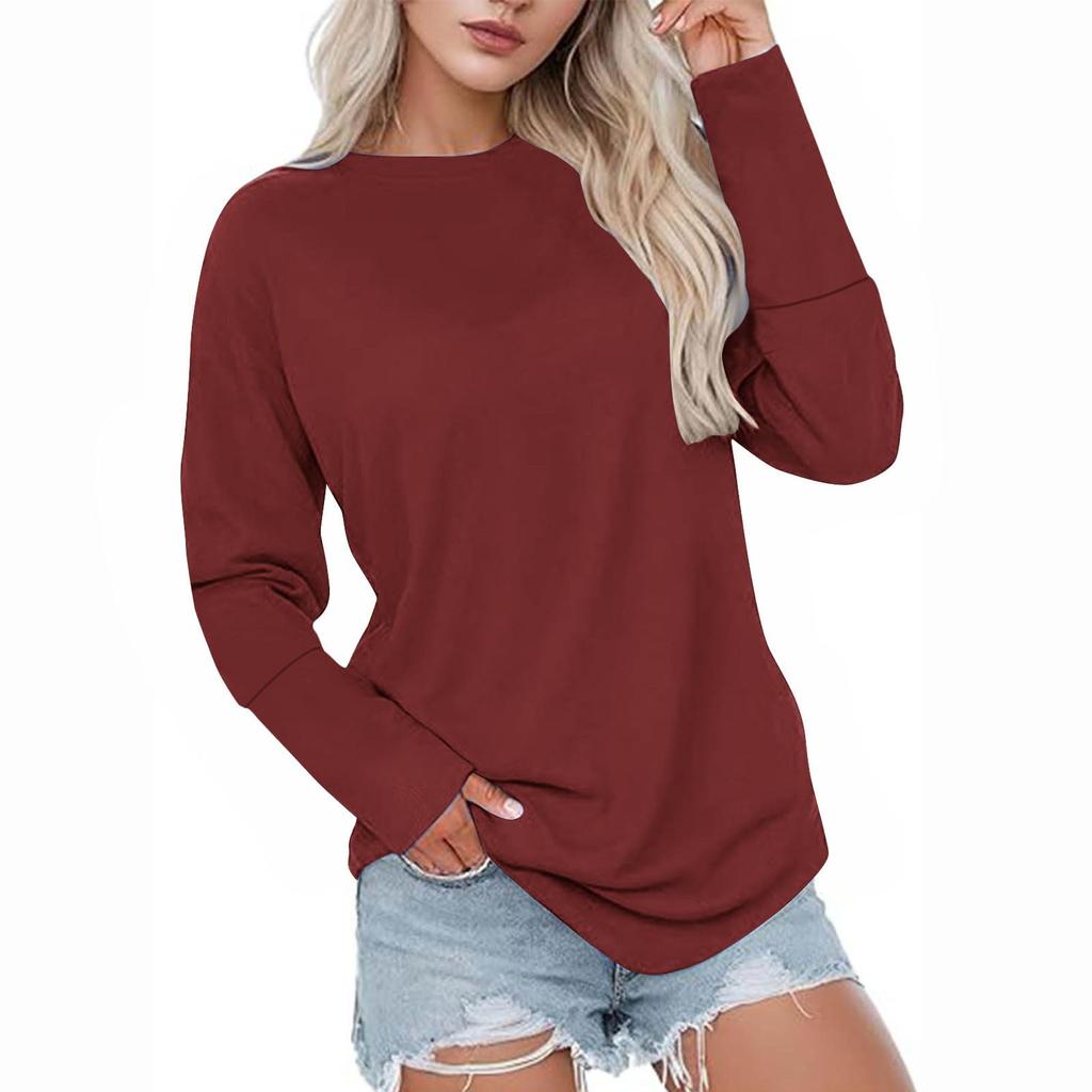 Damenmode Langarm Einfarbig Rundhals Lässiges Sweatshirt-Oberteil
