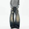 American retro lightning pattern dirty dyed cat whisker jeans men's and women's niche washed silhouette thin scimitar pants