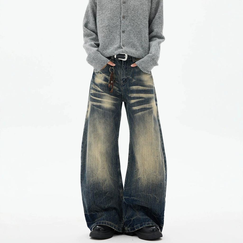 American retro lightning pattern dirty dyed cat whisker jeans men's and women's niche washed silhouette thin scimitar pants