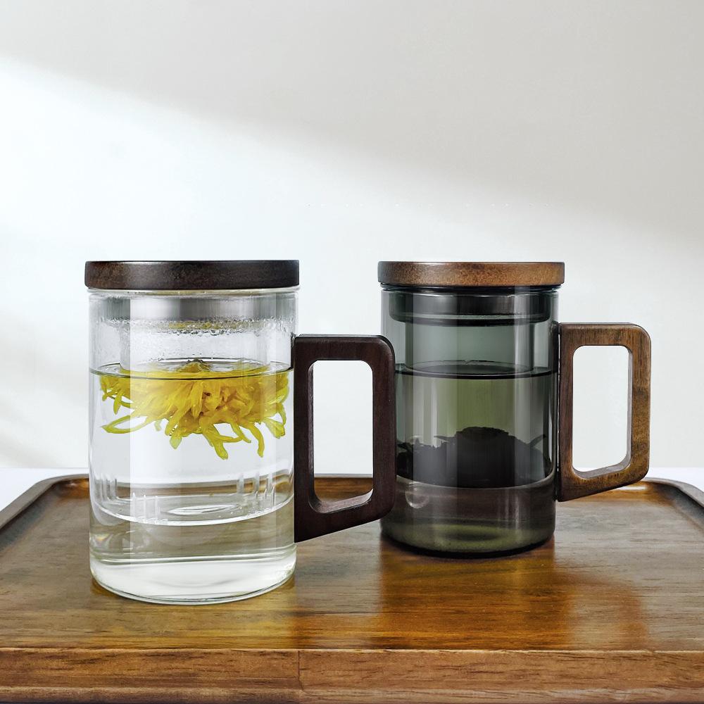 Tasse à Thé avec Séparation Eau/Thé Grande Capacité Ménage Résistante à la Chaleur Verre Tasse à Eau Bois de Noyer Verre Borosilicaté Élevé Tasse en Trois Pièces
