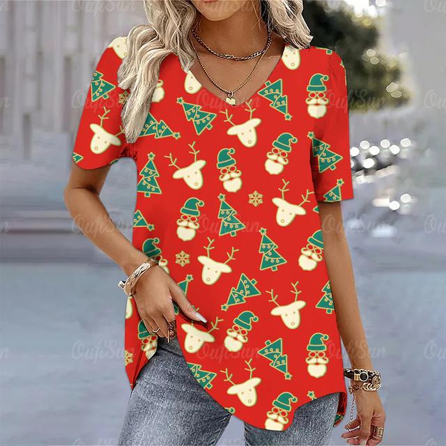Christmas Women's T-Shirt 3d Printed Short Sleeve Tees Christmas T Shirt For Women Fashion V-Neck Top Holiday Oversized Clothing