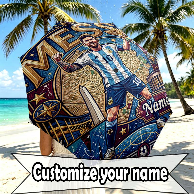 Custom Name Personalized Lionel Messi Print Umbrella, Auto Open Close, 8‑Rib Sturdy Frame, Commute Camping Hiking Use, Birthday Gift