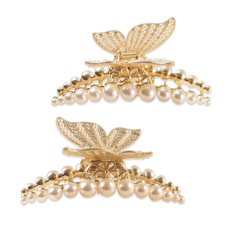 1pc Elegant Temperament Pearl Butterfly Hair Clip,high-quality Large Pan Hair Grip Shark Clip Inlaid with Diamond  Hair Ornament