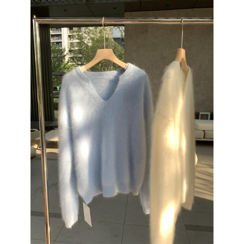 Withdrawal autumn and winter new milk huhu gentle soft waxy blue mohair sweater knitted cardigan jacket