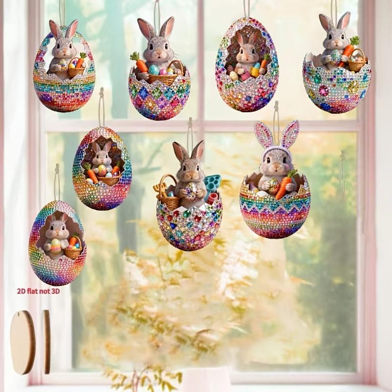 *8Pcs Wooden Easter Egg Decorative Hanging Set 2D DIY Craft Easter Simulation Egg Decorative Artificial Egg Hanging Ornament