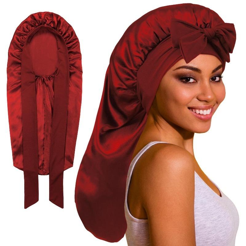 

Mary Simulation silk wide edge long tube nightcap, bow streamer long tail high elastic satin hair care cap one size бордовий