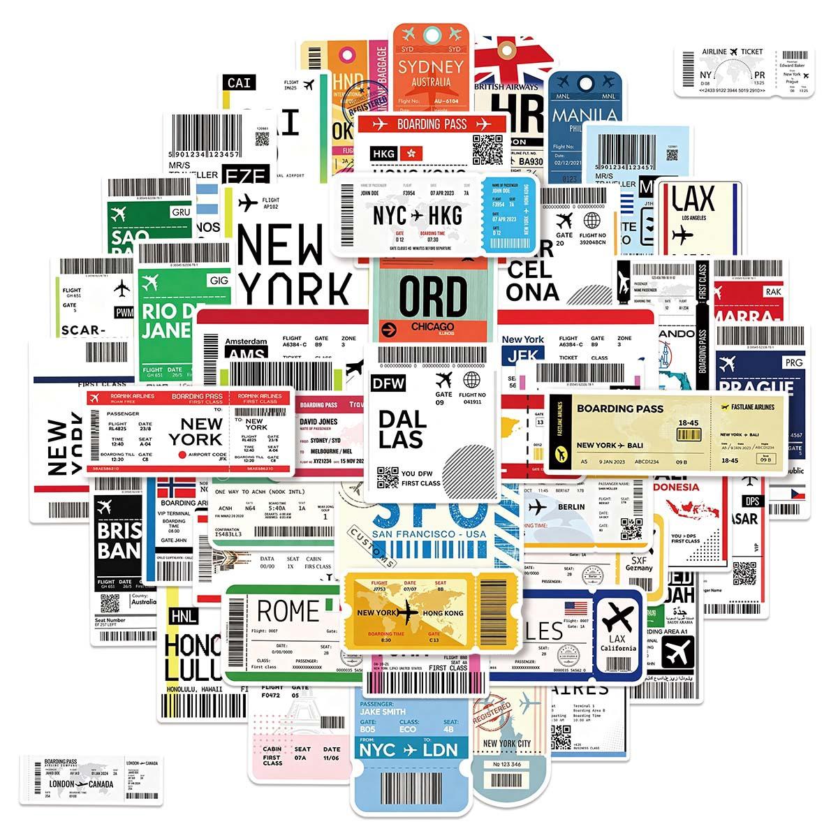 10/50Pcs Boarding Pass Airplane Ticket Stickers Decals For Laptop Scrapbook Luggage Guitar Helmet DIY Graffiti Aesthetic Stickers 10pcs