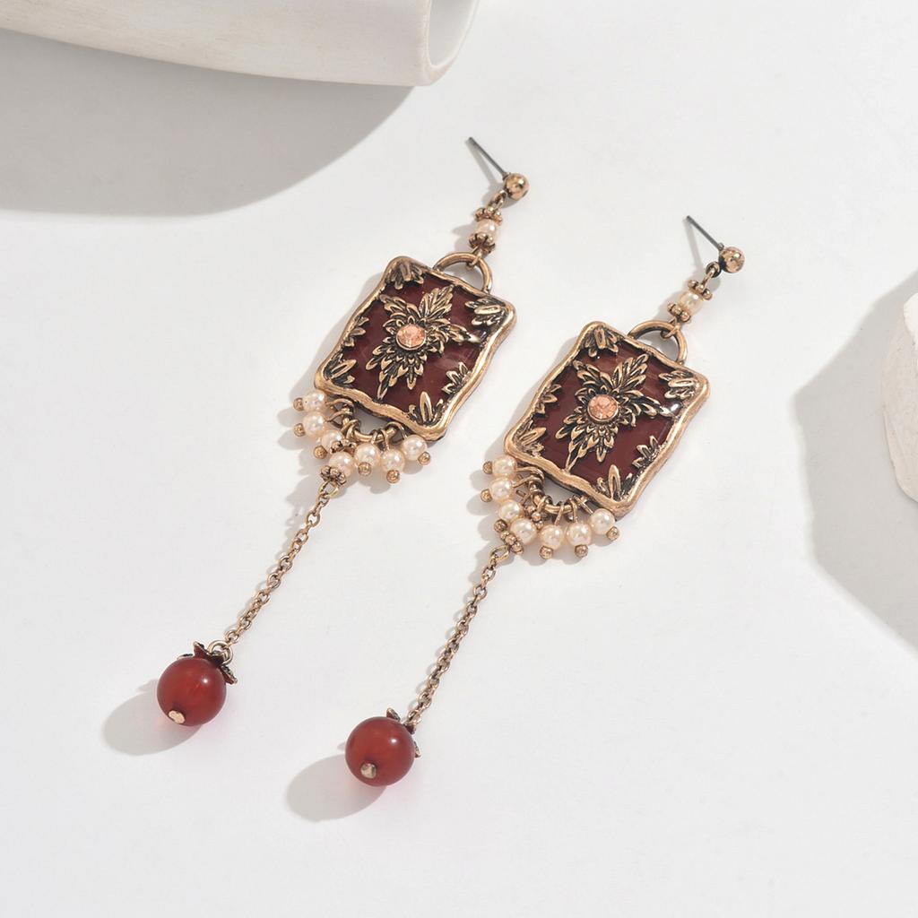 Medieval Vintage Luofu Relief Pearl Long Earrings Retro Court Style Square Brand Heavy Industry Ear Jewelry