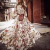 Retro Floral Long Dress with Round Neck and Large Swing - 2024 European & American Style