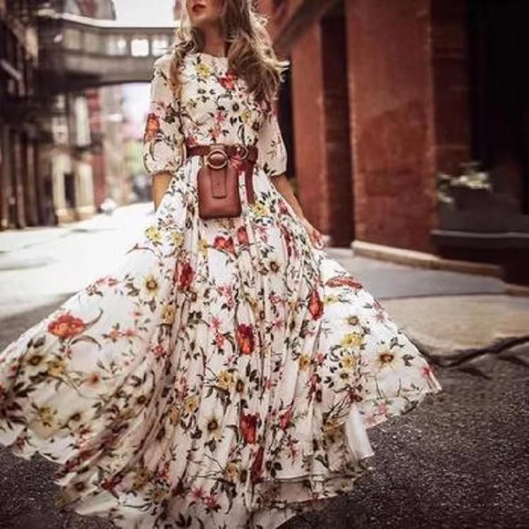 Retro Floral Long Dress with Round Neck and Large Swing - 2024 European & American Style