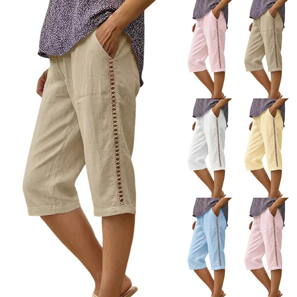 Ladies' Casual And Fashionable Side Hollow Splicing Straight Leg Five Quarter Pants