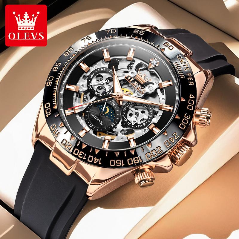 OLEVS 6713 New Automatic Mechanical Men's Watch Silicone Band Luminous Calendar Week Hollow Out 30M Waterproof Business Watches