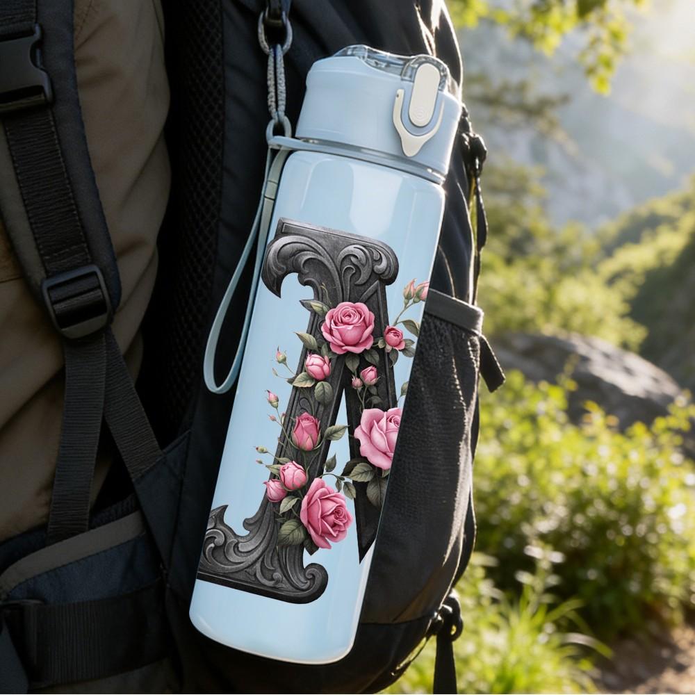 1PC Letter M Rose Flower Floral Monogram 750ml Color Plastic Sports Water Bottle Leakproof Flip Straw Lid Suitable for Sports Office Home Use