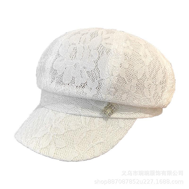 Lace Embellished Octagon Sun Hat Women - Breathable Wide Brim UV Protection Cap Foldable Fashion Beret