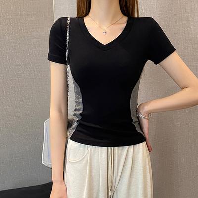 T-shirt estive in cotone con cuciture colorate da donna, semplici, scollo a V, maniche corte, casual, elasticizzate, aderenti, y2k, top, abbigliamento donna