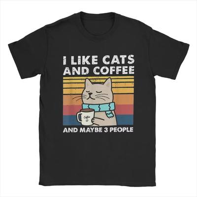 Ich mag Katzen und Kaffee T-Shirt Herren 100% Baumwolle Freizeit T-Shirts Rundhals T-Shirts Kurzarm Kleidung Neuankömmling