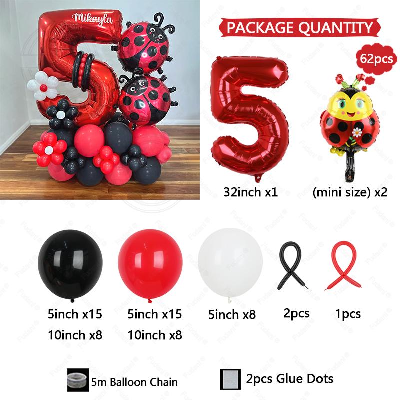 62pcs LadyBug Foil Balloons Garland Arch Kit Red Number Foil Ballon 1-9 Black Dot Happy Birthday Banner Party Decors Air Globos