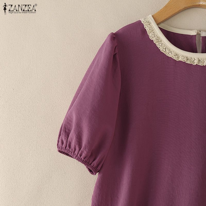ZANZEA Damen Patchwork Rundhals Locker Sommer Lässig Kurzarm Bluse