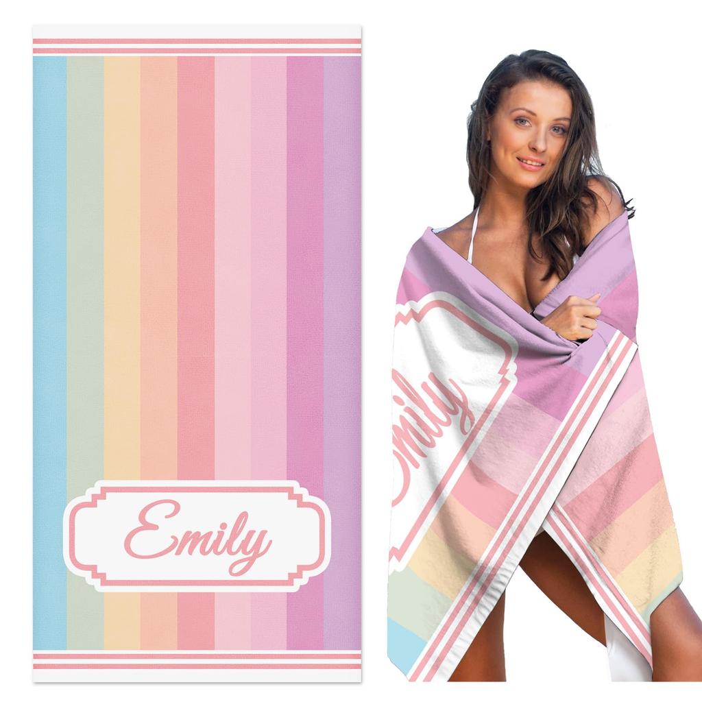 Personalized Striped Beach Towel Custom Name/Logo Oversized Microfiber Towel Summer Party Gift for Beach Swimming Bath Sports