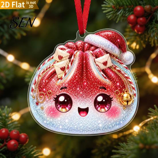 Colorful Cartoon Pattern Decor 2D Acrylic Christmas Ornament, Cute Luck Bag Bun Hanging Decor, Seasonal Decorative Crafts Tree Pendant for Holiday