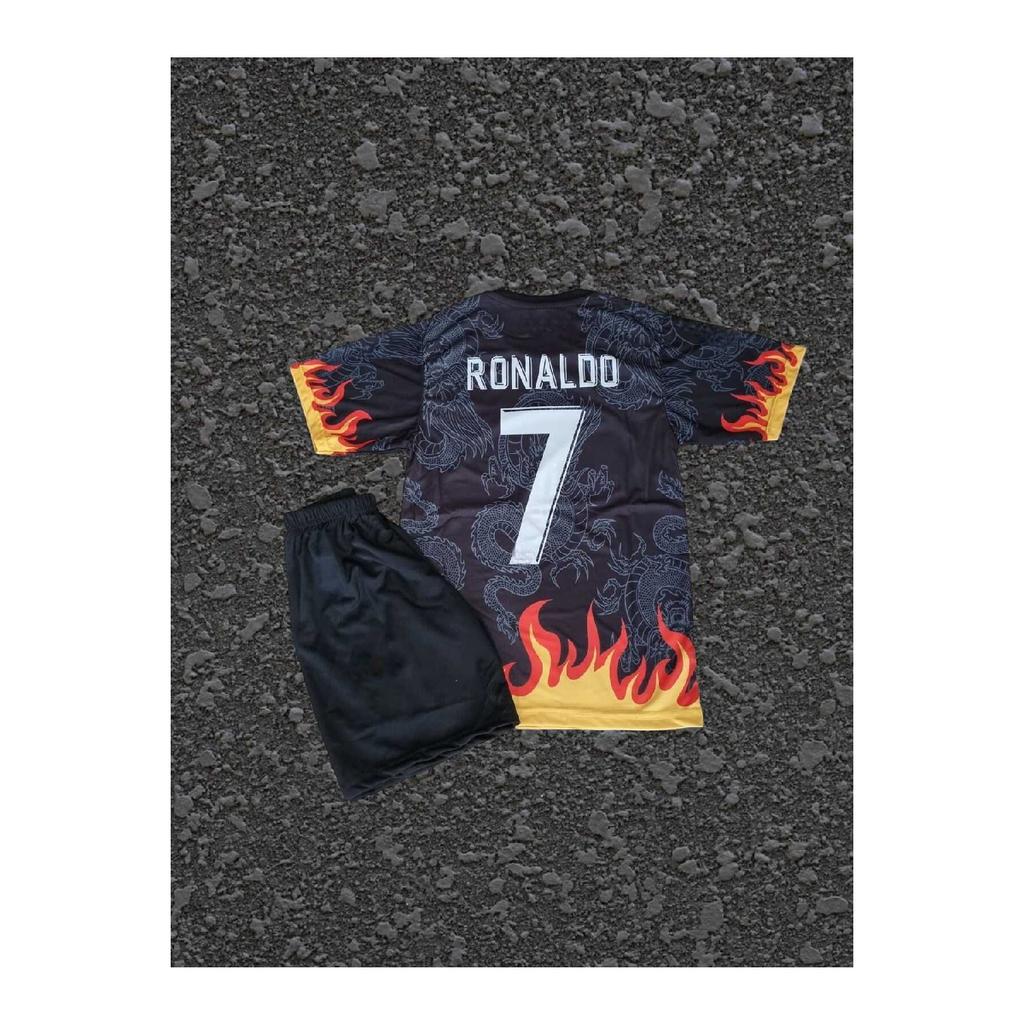 Ronaldo Flaming Special Design Black Kids Football Jersey And Shorts 2-piece Set