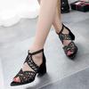 New Style Women Summer Hollow Out Faux Leather Rhinestones Thick Heel Zipper Sandals Shoes Fashion Sparkly Dress Platform Sandals