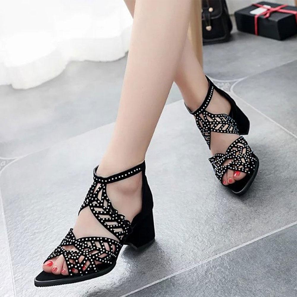 New Style Women Summer Hollow Out Faux Leather Rhinestones Thick Heel Zipper Sandals Shoes Fashion Sparkly Dress Platform Sandals