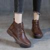 Spring and Autumn Winter Leather Thick Bottom Women's Retro Plus Velvet Round Head Short Boots Casual Breathable Low Cut Boots