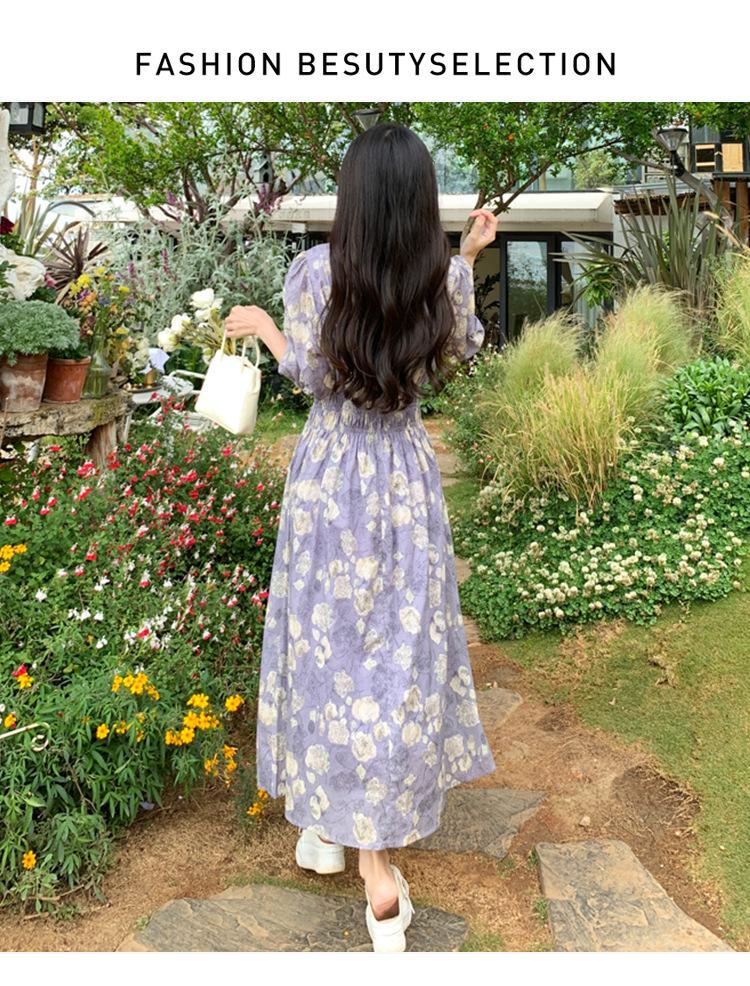 Summer 2025 Purple Floral Chiffon Dress: Gentle Puff Sleeve, Round Neck, Fitted Waist, Tea Length