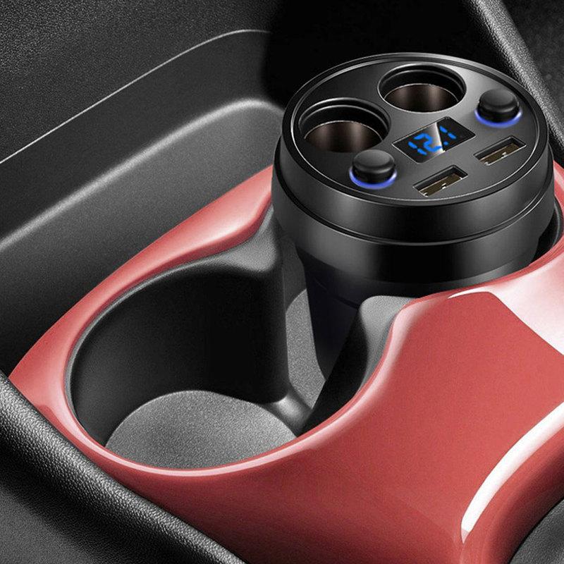 Car Charger Cup Holder Dual Cigarette Lighter Sockets Power Adapter with Dual USB Ports LED Black for IPhone 4/5/6/6S Plus