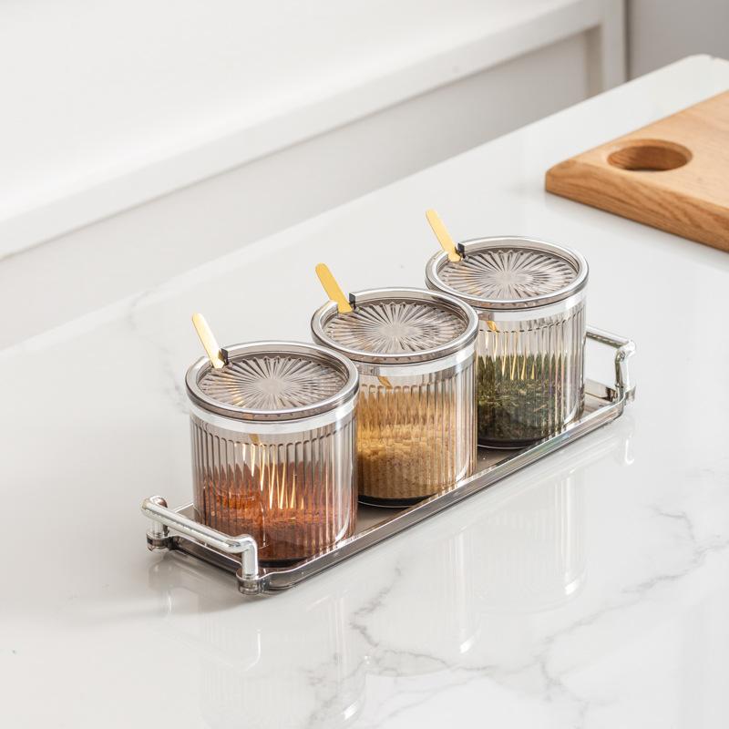 European-style Light Luxury Seasoning Jar Household Kitchen with Lid and Spoon Sub-style Seasoning Jar Plastic Seasoning Box Set