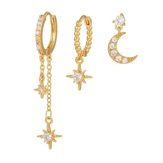 3 paia di orecchini da donna a forma di luna e stella, orecchini a cerchio in rame elettroplaccato, orecchini a bottone con strass, per feste di ballo e appuntamenti