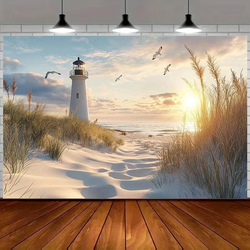 

2D Flat Coastal Banner, Seagulls & Sand Dunes Background Cloth for Photoshoot 47.2x31.5inch/120*80cm