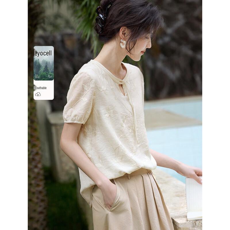 XWI Women s Lyocell 3D Embroidered Floral V-Neck Shirt M