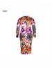 Elegant European & American Style Sheath Dress with Slit – Printed Long-Sleeve, Slim Fit, Round Neck
