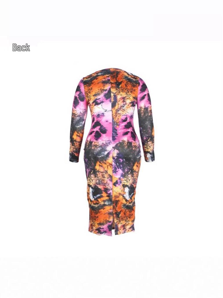 Elegant European & American Style Sheath Dress with Slit – Printed Long-Sleeve, Slim Fit, Round Neck