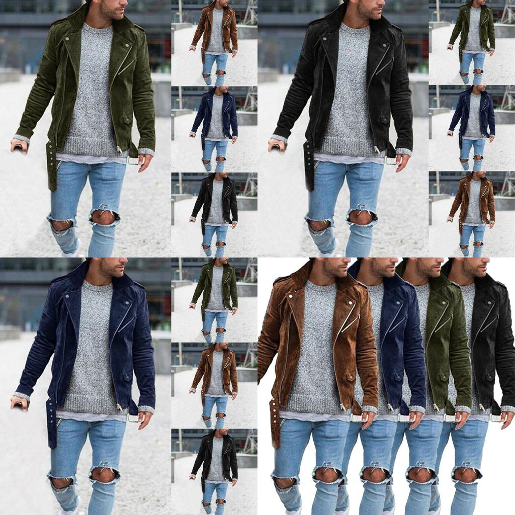 Men's Slim Faux Suede Leather Jacket With Lapel Collar And Zipper Closure For Autumn