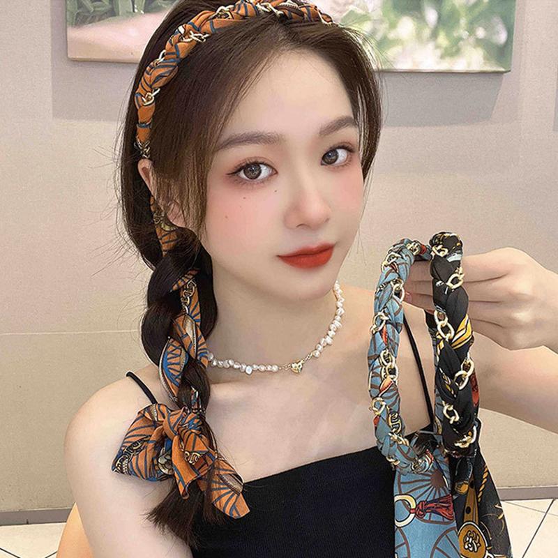 Langes Haarband mit Kette, eleganter Pferdeschwanzhalter, Stoff, Seidenschal, Stirnband, Haarschmuck für Frauen und Mädchen, bedrucktes Haarband