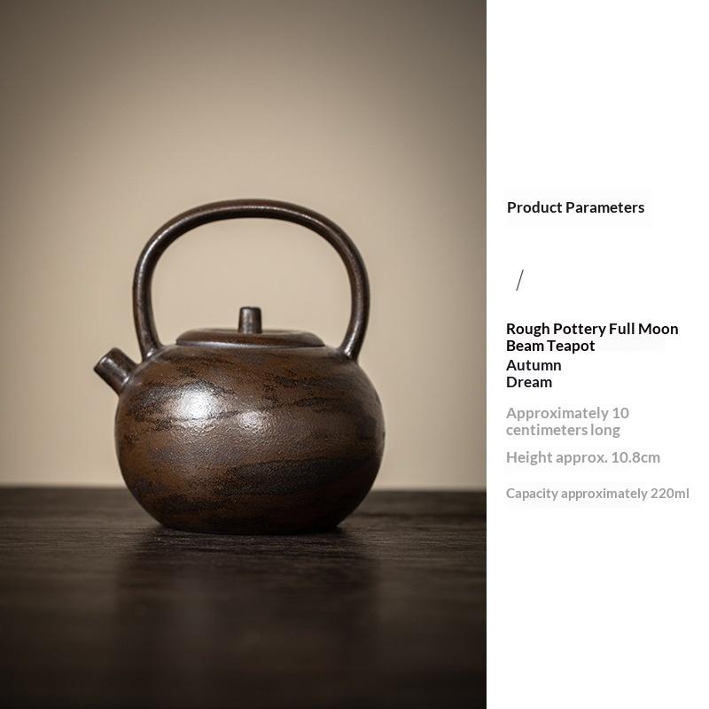 

Handmade Rustic Pottery Vintage Round Moon Handle Teapot Japanese Simple Style Pink Ribbon Tea Brewing Pot Single Pot Tea Kettle